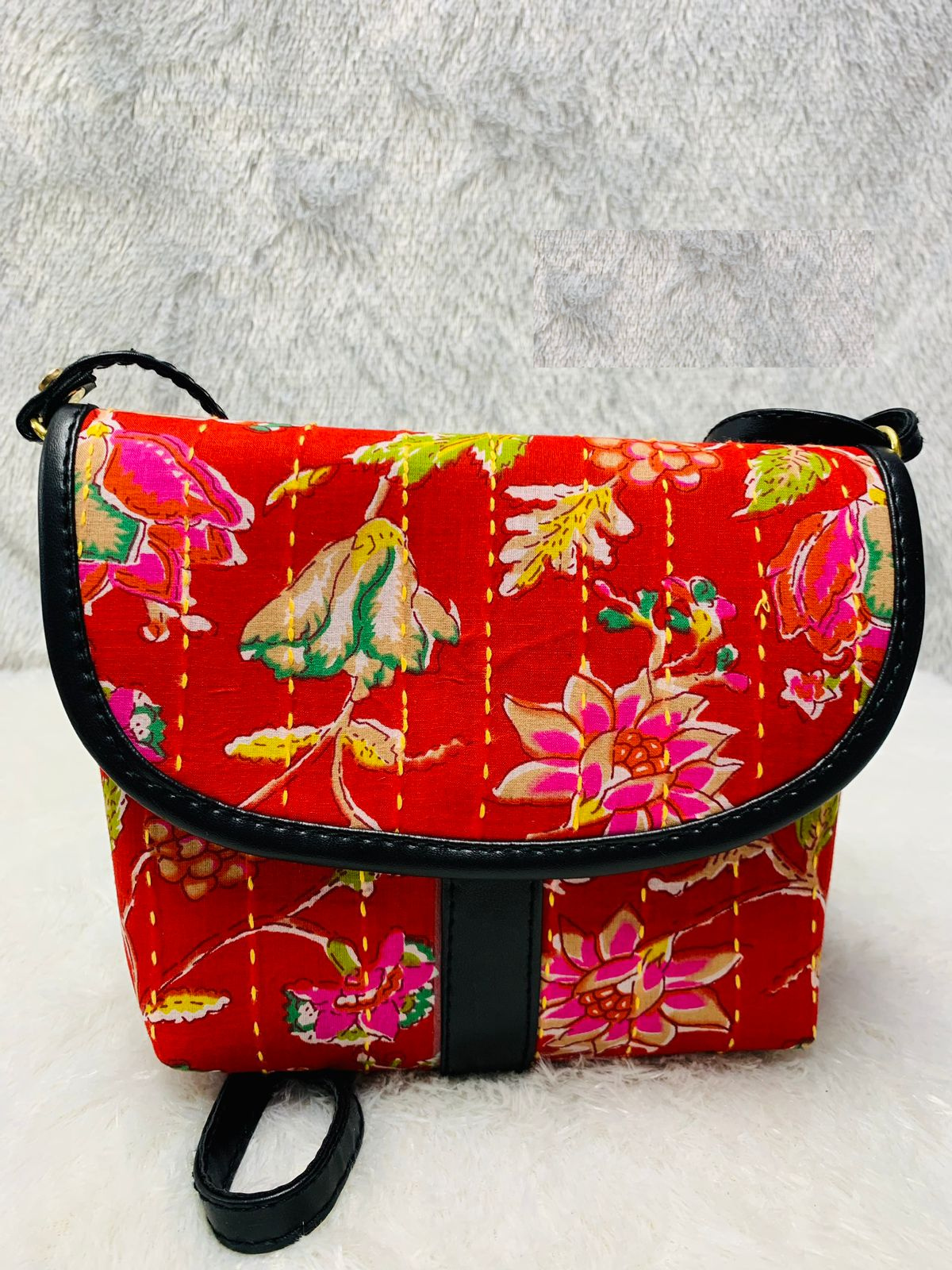 Red Flower Handblock Print Cotton Handbag