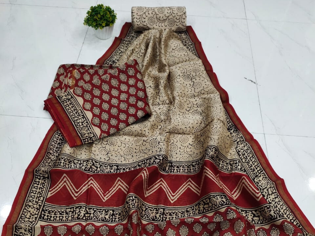 Red & Gold Printed Chanderi Silk Unstitched Suit Set with Chanderi Silk Dupatta