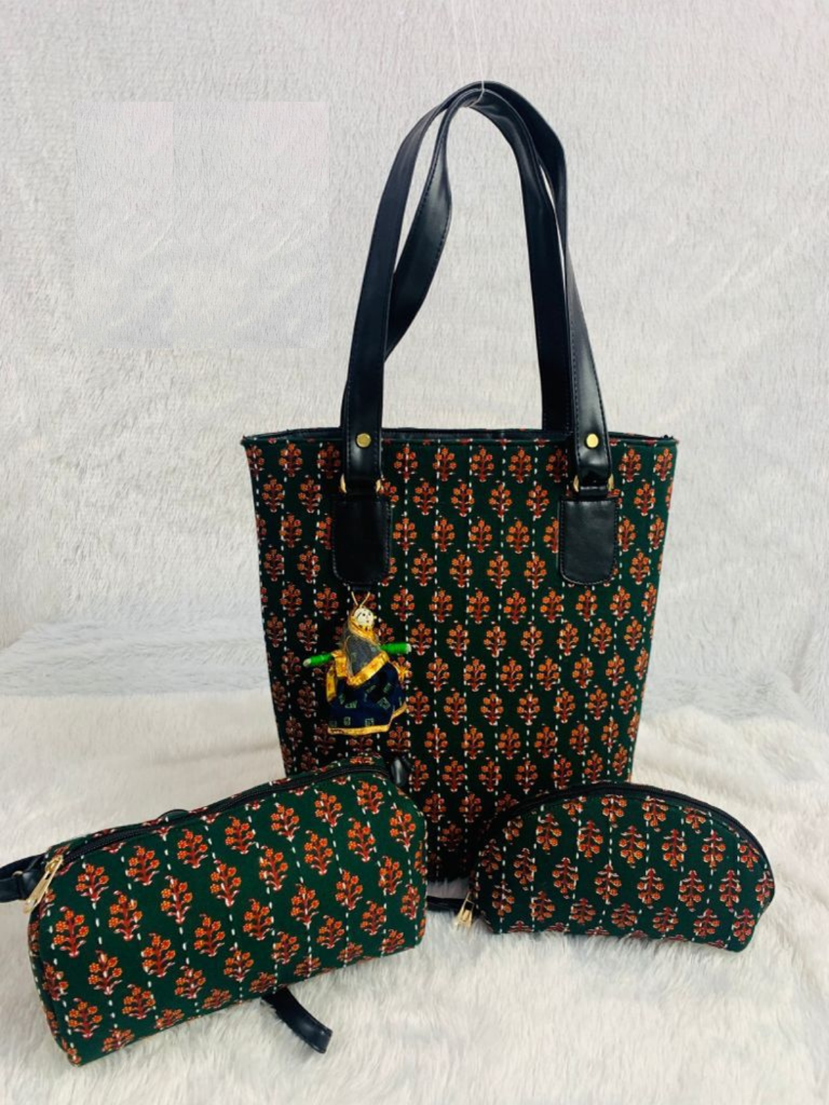 Green Flower Handblock Printed Cotton Handbag Combos
