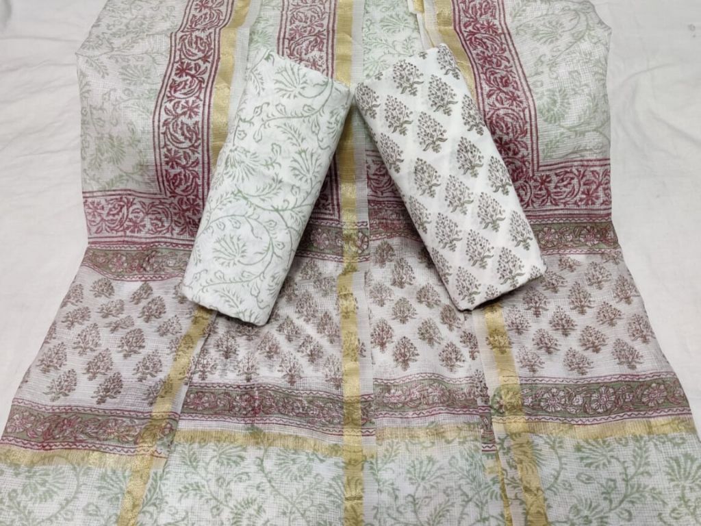 Cream Leaf Print Cotton Unstitched Suit Set with Kota Silk Dupatta