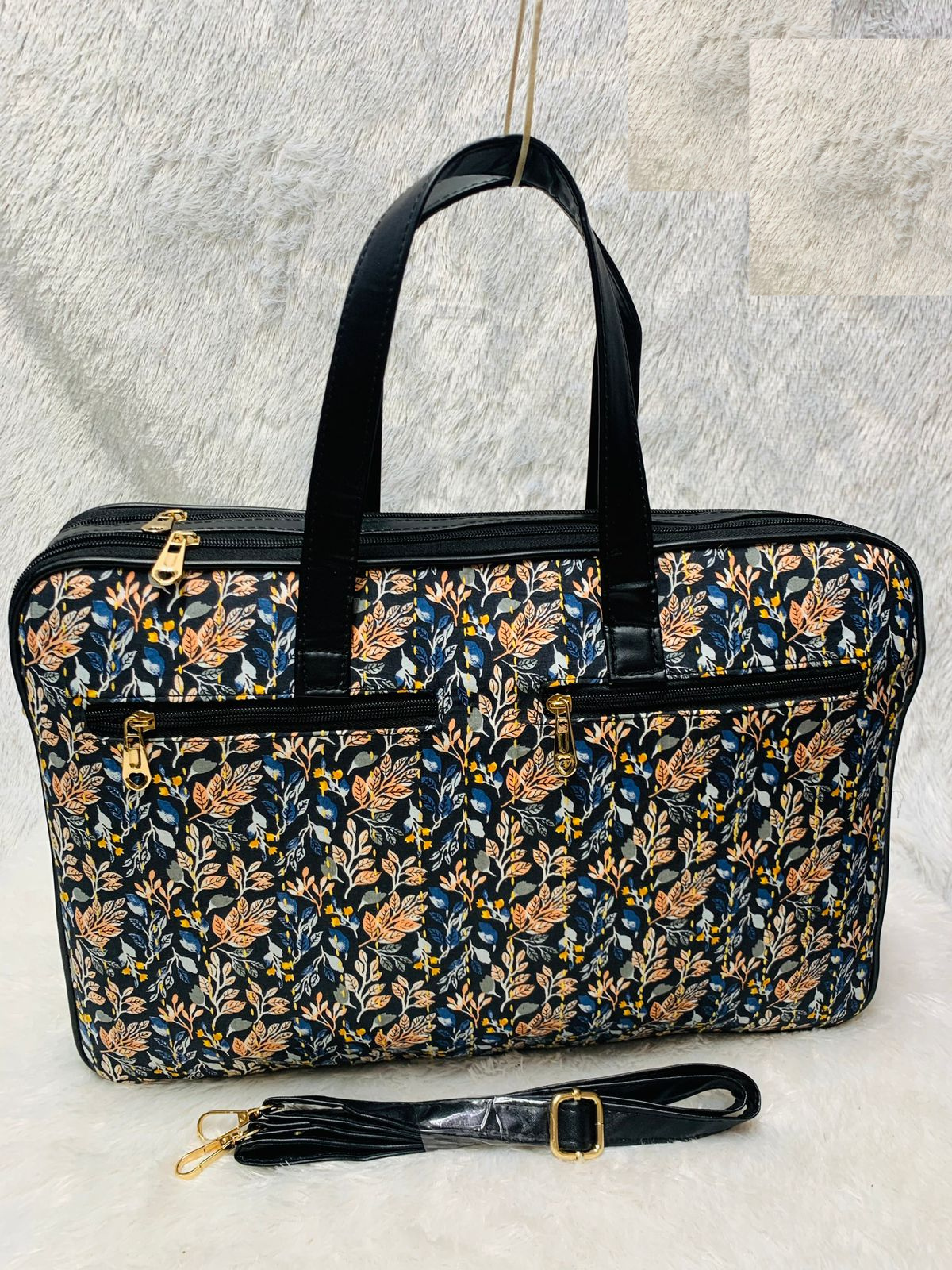 Blue Flower Handblock Printed Cotton Laptop Handbag