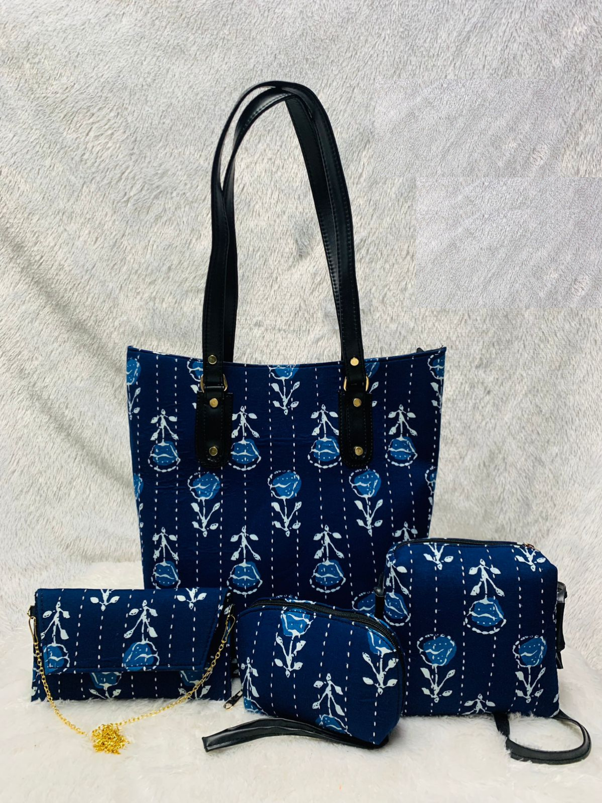 Blue Flower Handblock Print Cotton Handbag Combos