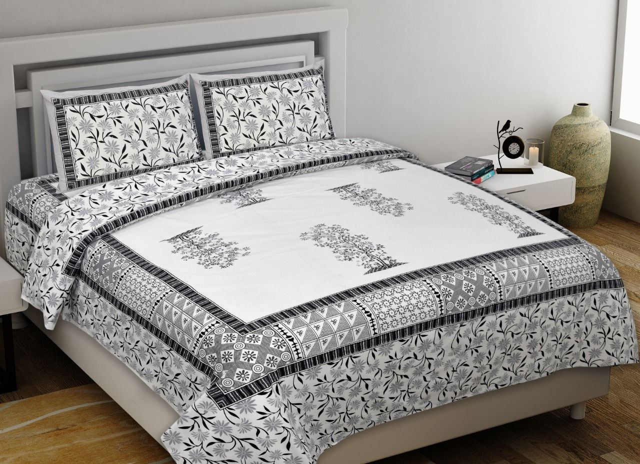 Grey Tree Print King Size Cotton Bed Sheet