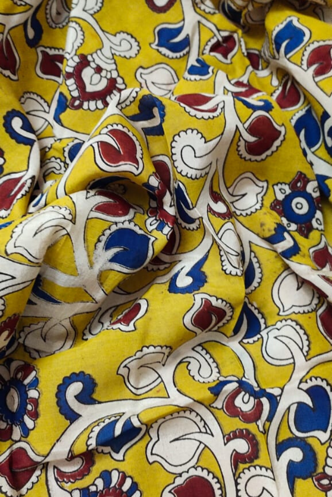 Yellow Leaf Print Kalamkari Fabric