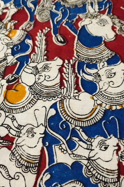 Red & Blue Cow Print Kalamkari Fabric