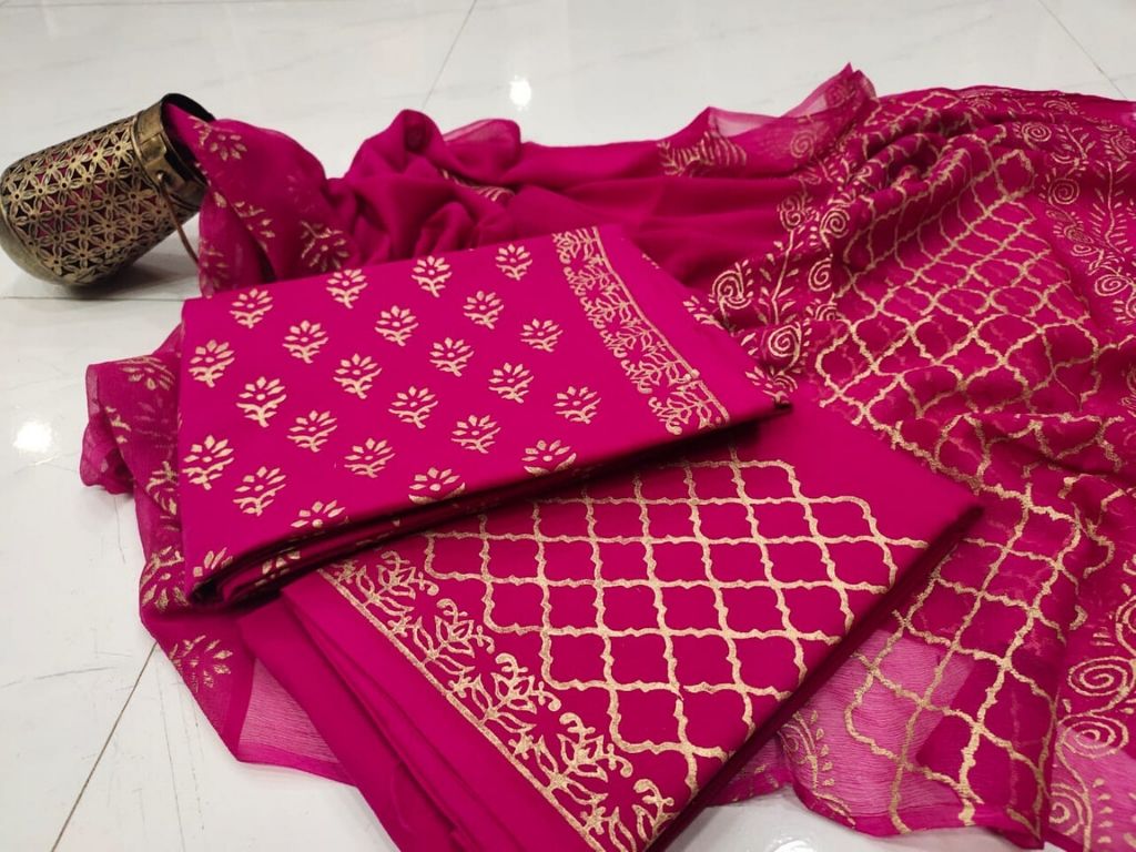 Dark Pink Flower Print Cotton Suit Set with Chiffon Dupatta