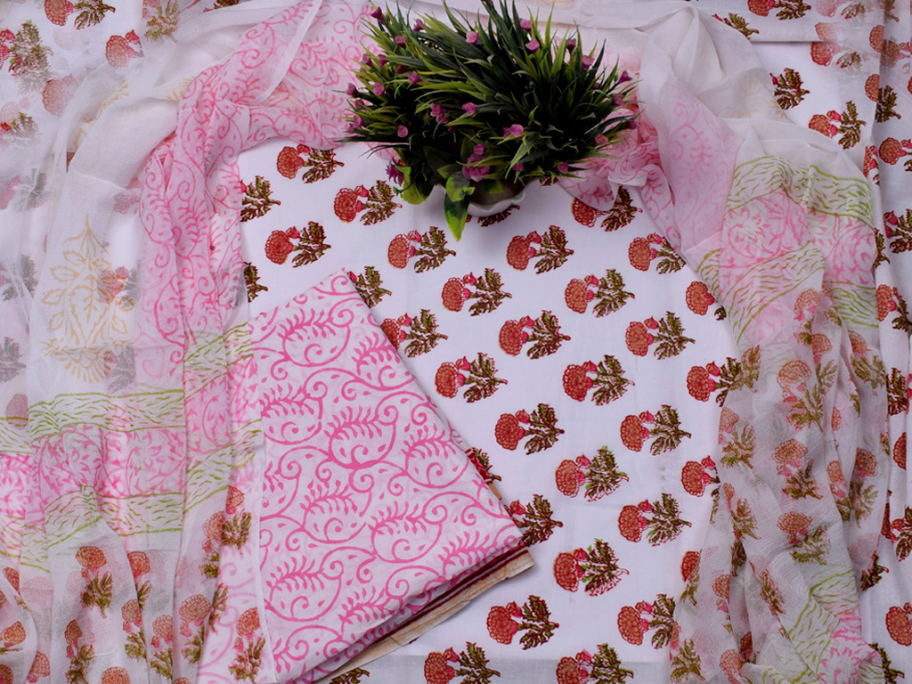 Red Flower Print Cotton Suit Set with Chiffon Dupatta