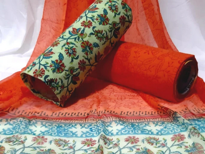 Orange Flower Print Unstitched Suit with Chiffon Dupatta