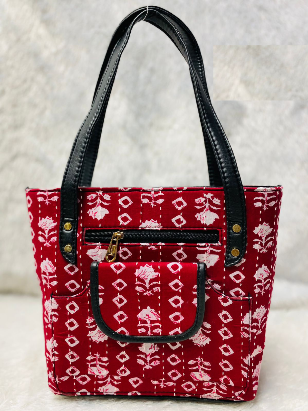 Red Flower Handblock Printed Cotton Handbag