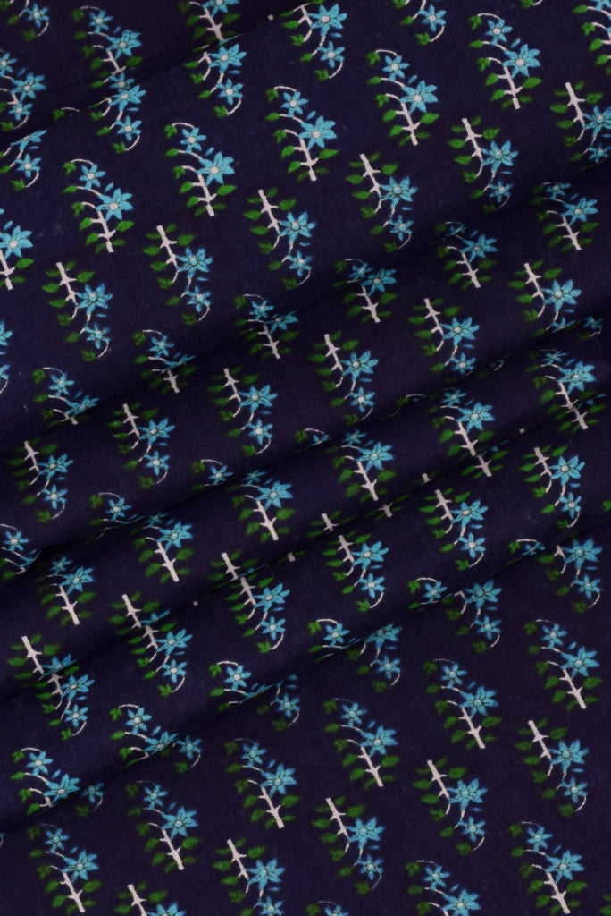 Navy Blue Flower Printed Cotton Fabric