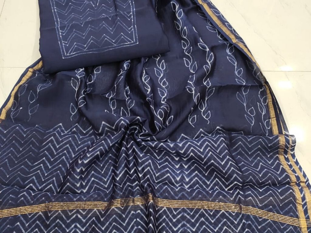 Blue Zig Zag Print Chanderi Silk Unstitched Suit Set with Chanderi Silk Dupatta