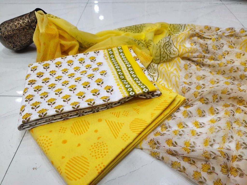 Yellow Flower Print Cotton Suit Set with Chiffon Dupatta