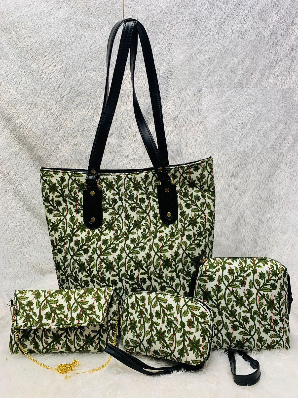 Green Leaf Handblock Print Cotton Handbag Combos