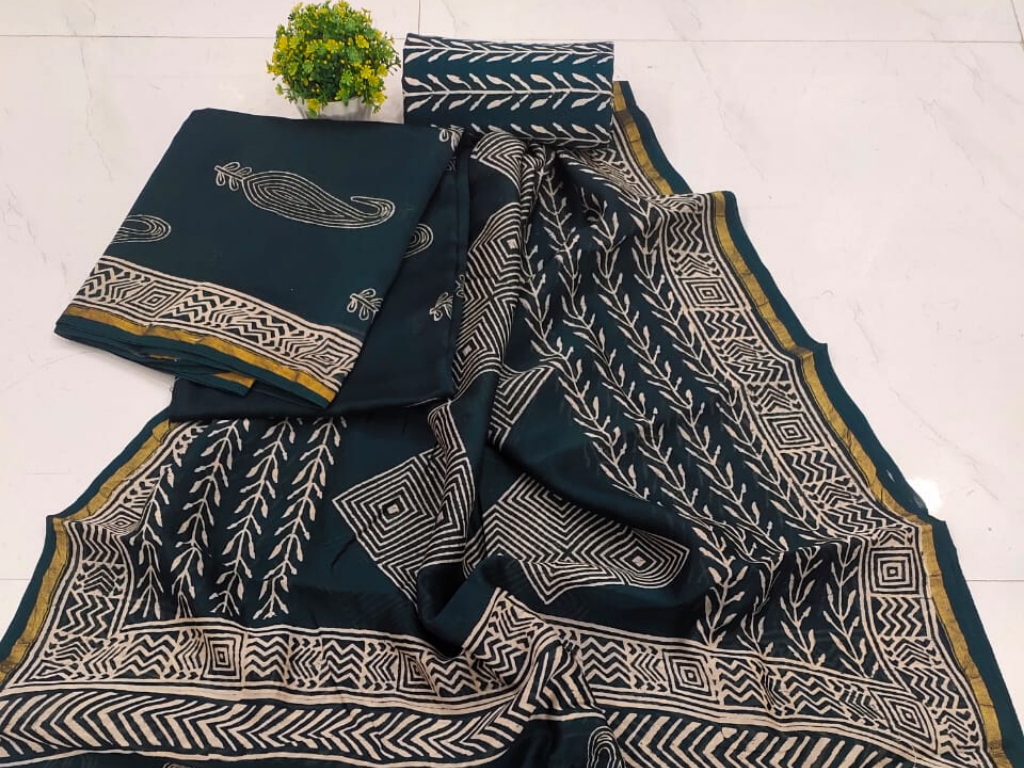 Dark Green Butta Print Chanderi Silk Unstitched Suit Set with Chanderi Silk Dupatta