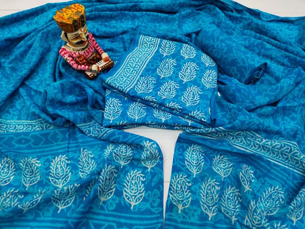 Sky Blue Leaf Print Cotton Suit Set with Cotton Duppatta