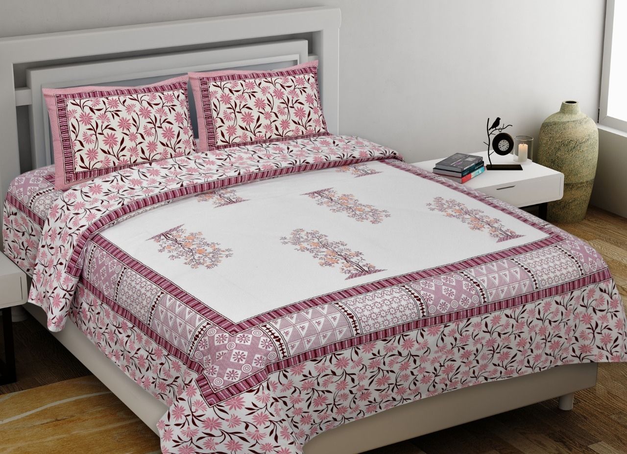 Pink Tree Print King Size Cotton Bed Sheet