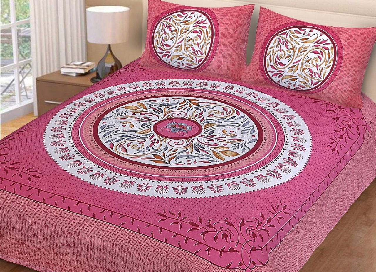 Pink Leaf Print King Size Cotton Bed Sheet