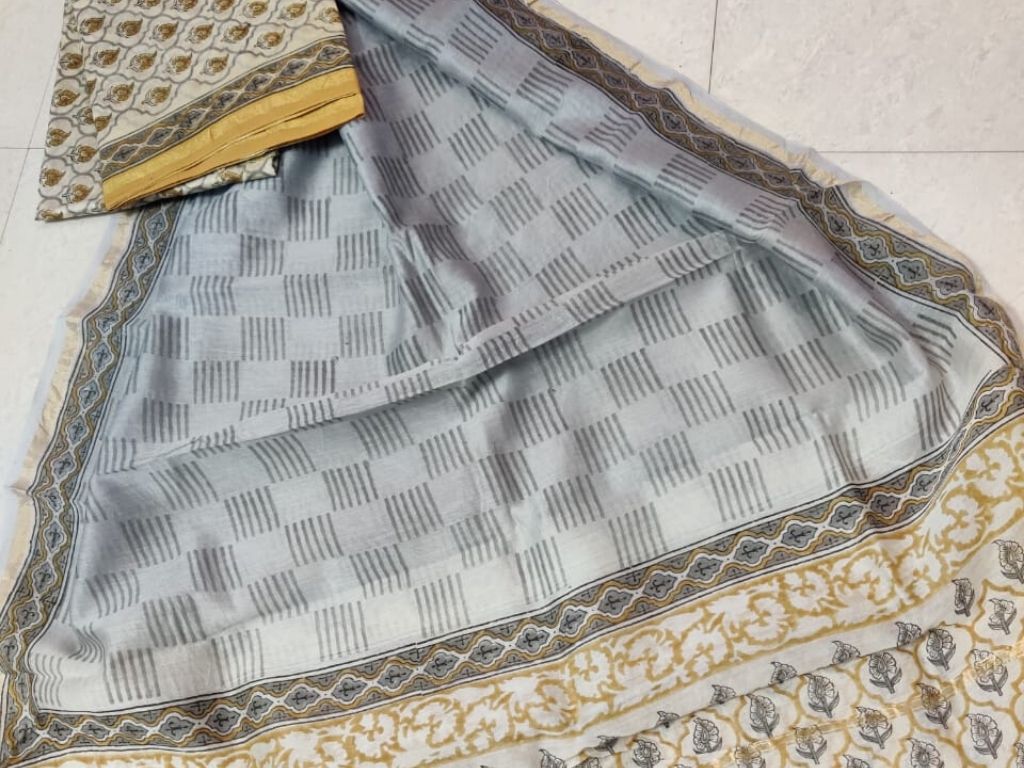 Grey Flower Print Chanderi Silk Unstitched Suit Set with Chanderi Silk Dupatta