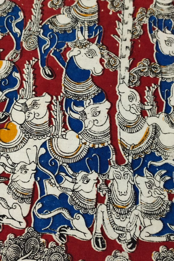 Red & Blue Cow Print Kalamkari Fabric