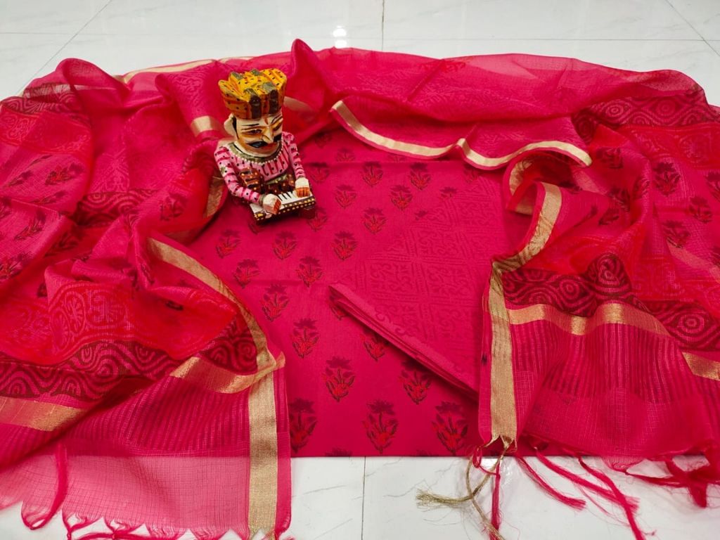 Red Flower Print Cotton Unstitched Suit Set with Kota Silk Dupatta