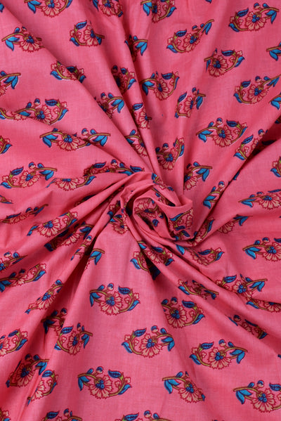 (Cut Piece 0.5 Mtr) Pink Flower Printed Cotton Fabric