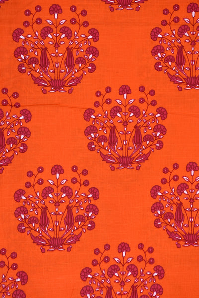 Orange Flower Printed Cotton Screen Print Fabric