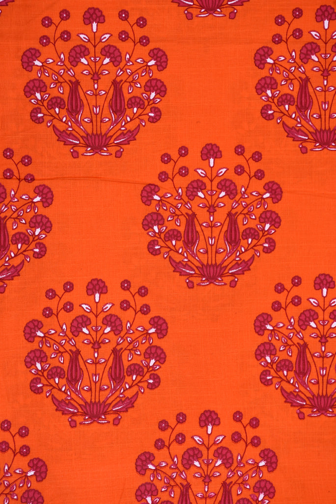 Orange Flower Print Screen Cotton Printed Fabric