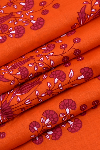 Orange Flower Print Screen Cotton Printed Fabric
