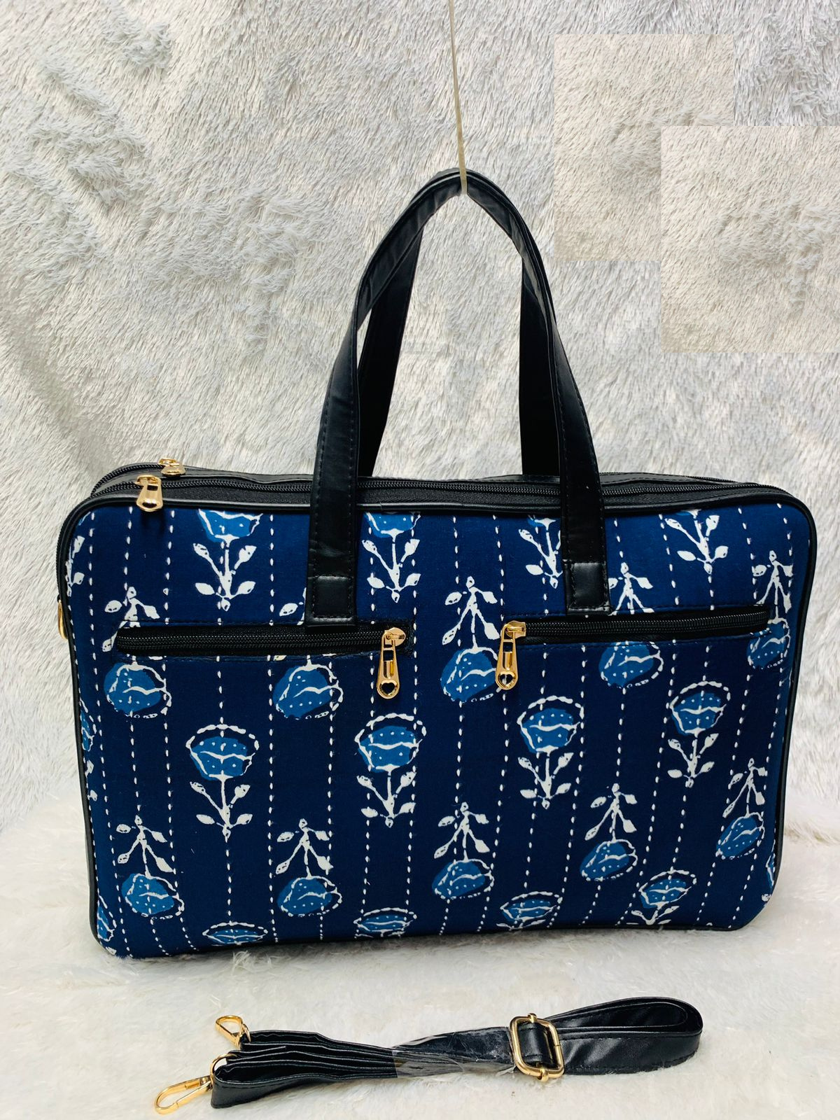 Blue Flower Handblock Printed Cotton Laptop Handbag