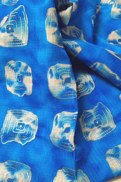 Blue Printed Gold Kota Doria Fabric