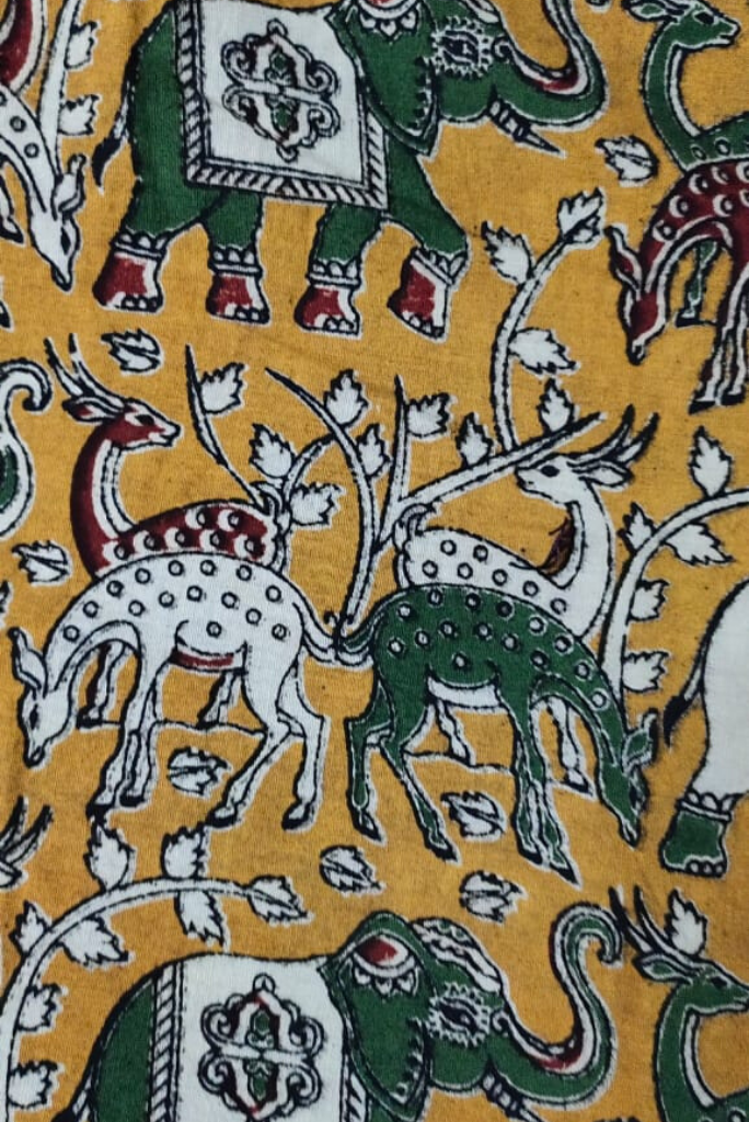 Mustard Animal Print Kalamkari Fabric