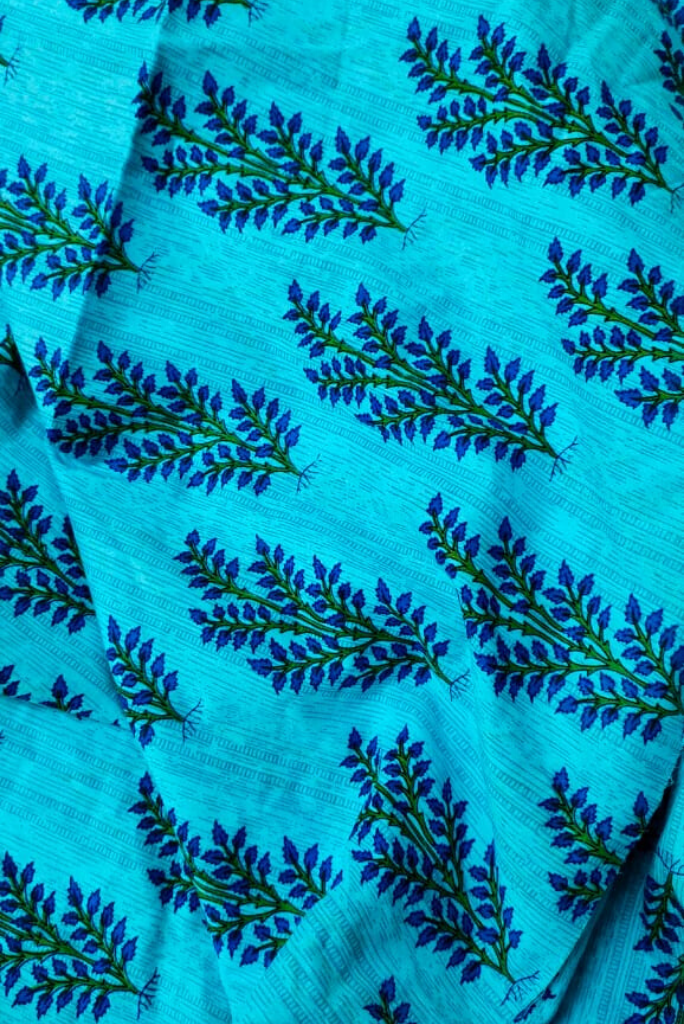 Sky Blue Leaf Print Cotton Fabric