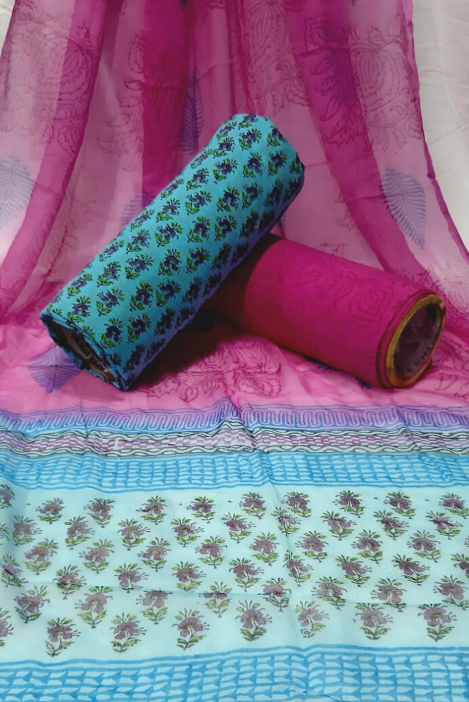 Pink & Sky Blue Flower Print Unstitched Suit with Chiffon Dupatta