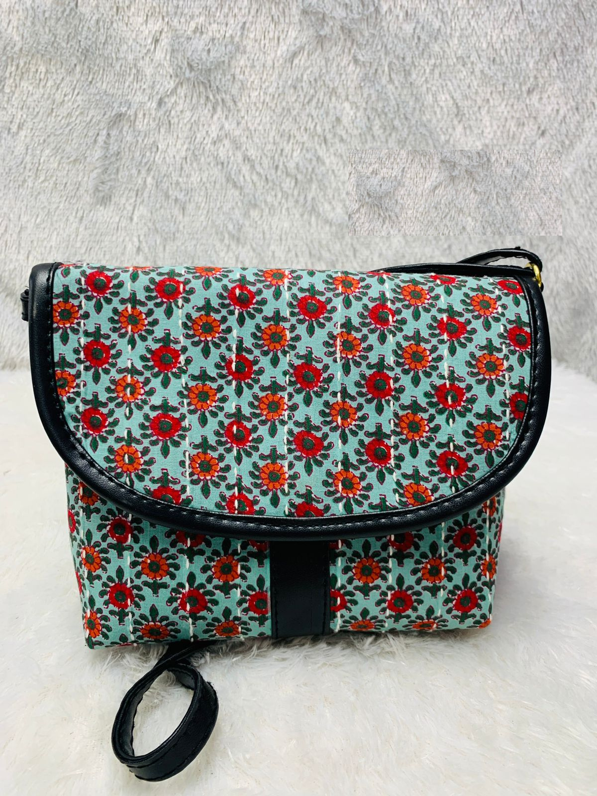 Green Flower Handblock Print Cotton Handbag