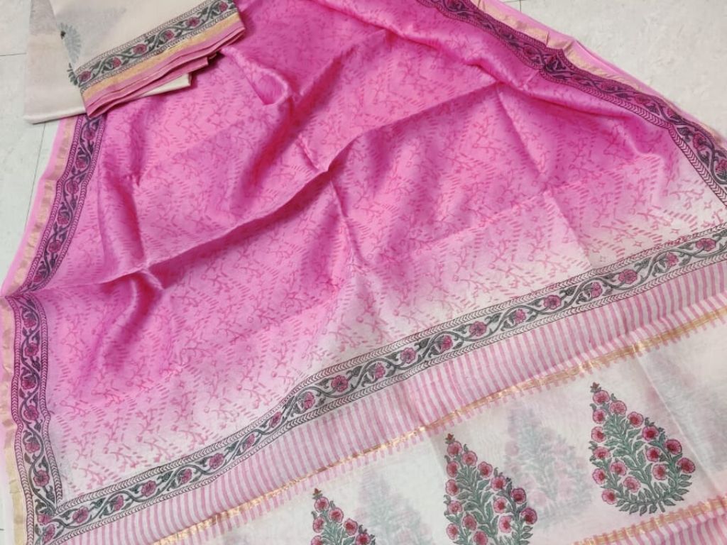 Pink Leaf Print Chanderi Silk Unstitched Suit Set with Chanderi Silk Dupatta