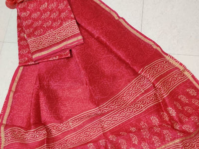 Red Flower Print Chanderi Silk Unstitched Suit Set with Chanderi Silk Dupatta