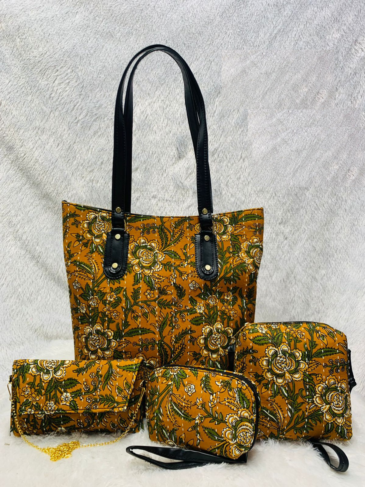 Yellow Flower Handblock Print Cotton Handbag Combos