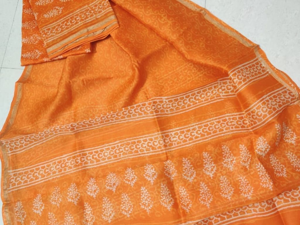 Orange Leaf Chanderi Silk Unstitched Suit Set with Chanderi Silk Dupatta