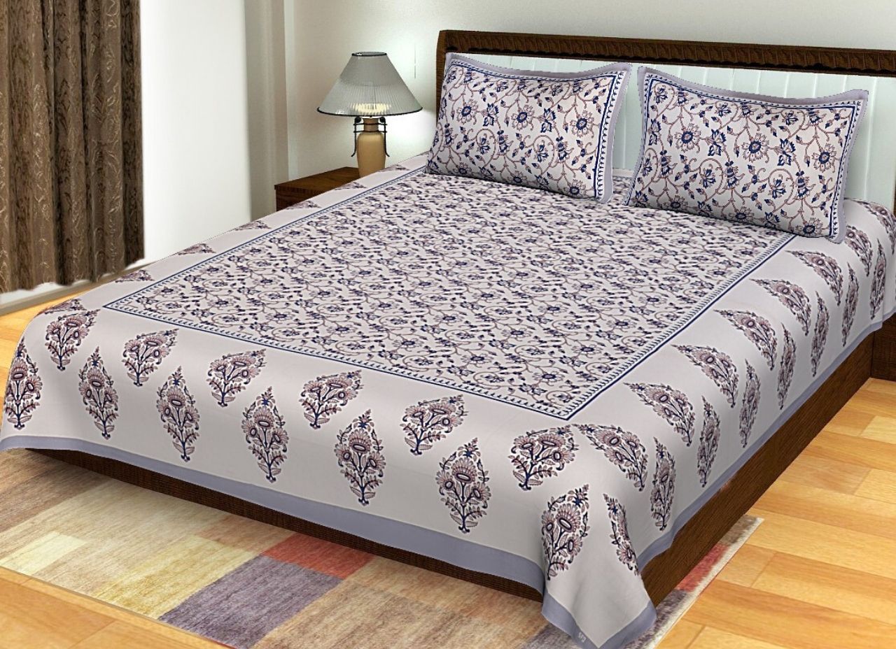 Cream Flower Print King Size Cotton Bed Sheet
