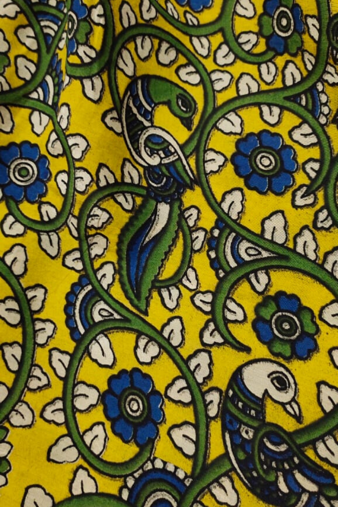 Yellow Bird Print Kalamkari Fabric