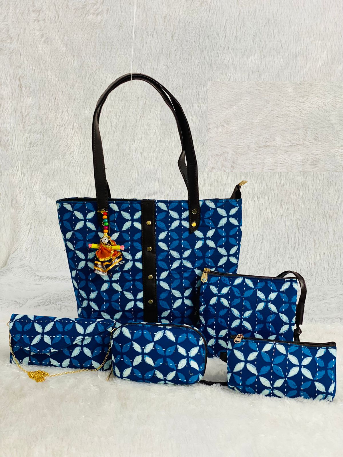 Blue Flower Handblock Printed Cotton Handbag Combos