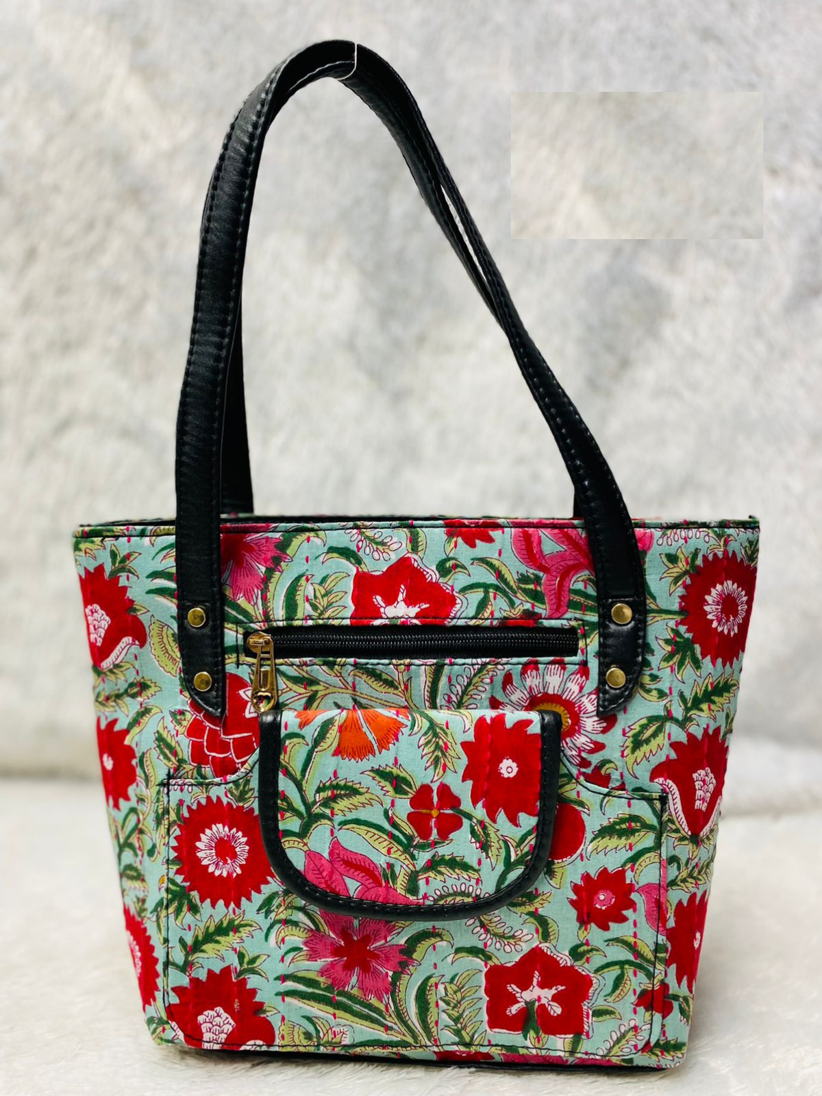 Green Flower Handblock Printed Cotton Handbag