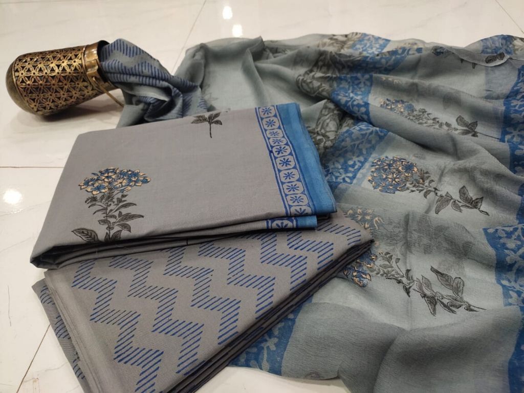 Grey Flower Print Cotton Suit Set with Chiffon Dupatta