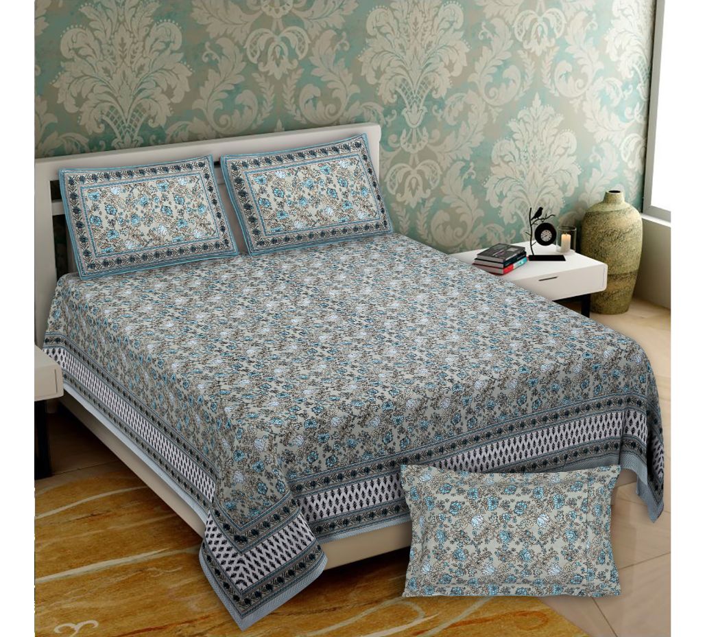 Beautiful Mint Green Base Soothing Blue All Over Floral Print XXL 108*108 King Size Pure Cotton Bed Sheet