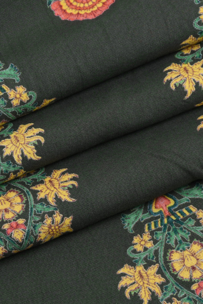 Dark Green Flower Print Screen Cotton Printed Fabric
