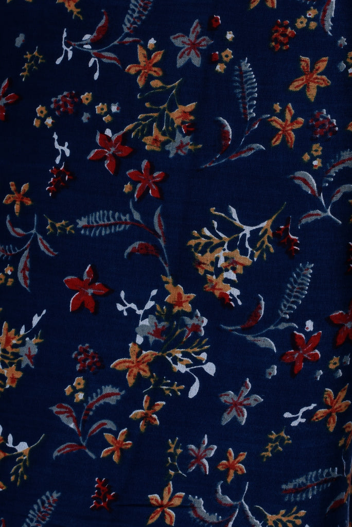 Navy Blue Floral Printed Rayon Fabric