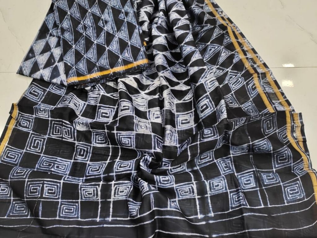 Black Abstract Print Chanderi Silk Unstitched Suit Set with Chanderi Silk Dupatta
