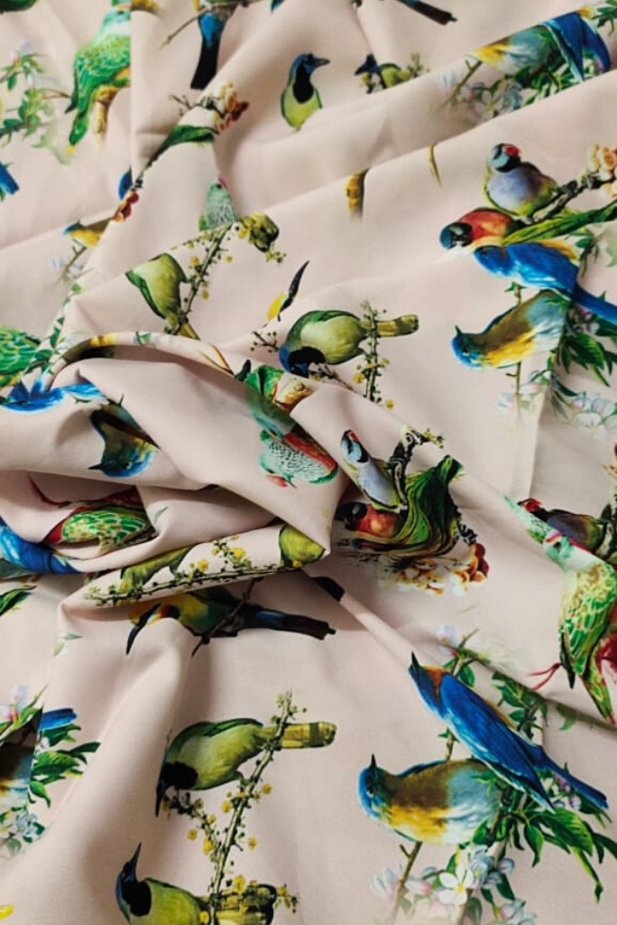 Multicolor Bird Print Digital Crepe Fabric