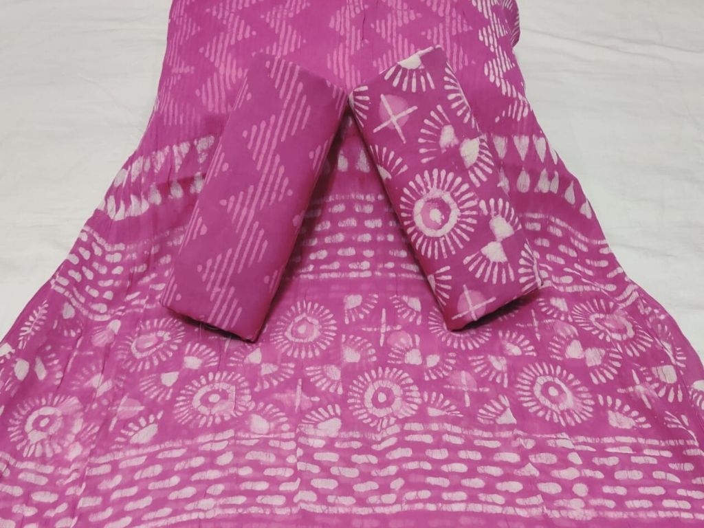 Pink Abstract Print Print Cotton Suit Set with Chiffon Dupatta