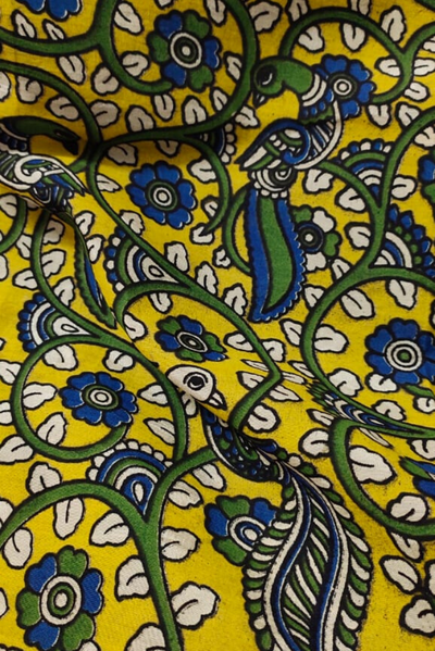 Yellow Bird Print Kalamkari Fabric